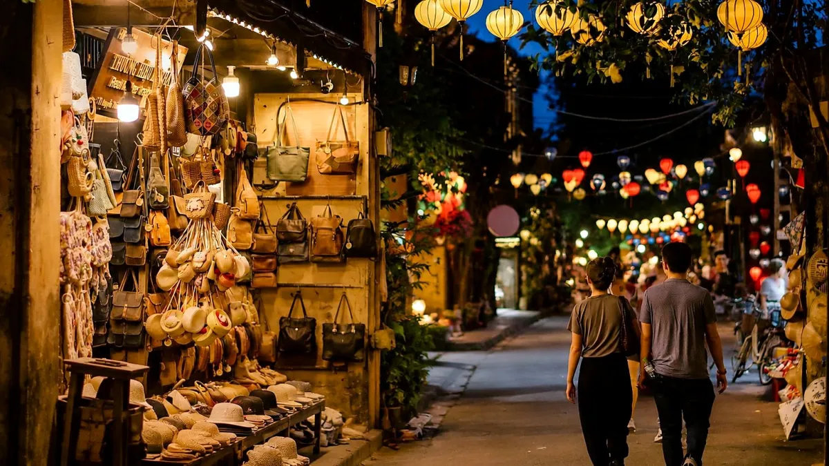 A shop in Hoi An's old town at night with bags, rattan hats and caps on display, a couple walking down a lane strung with glowing lanterns
