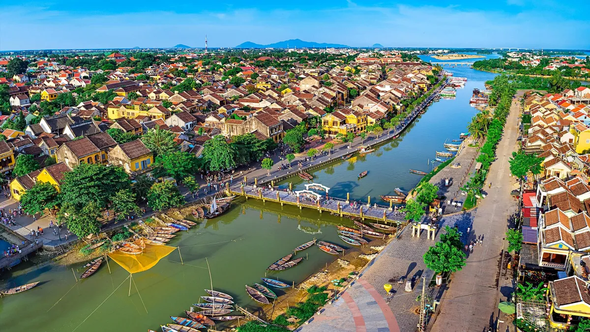 Daytime aerial view of the Hoai River in Hoi An Ancient Town
