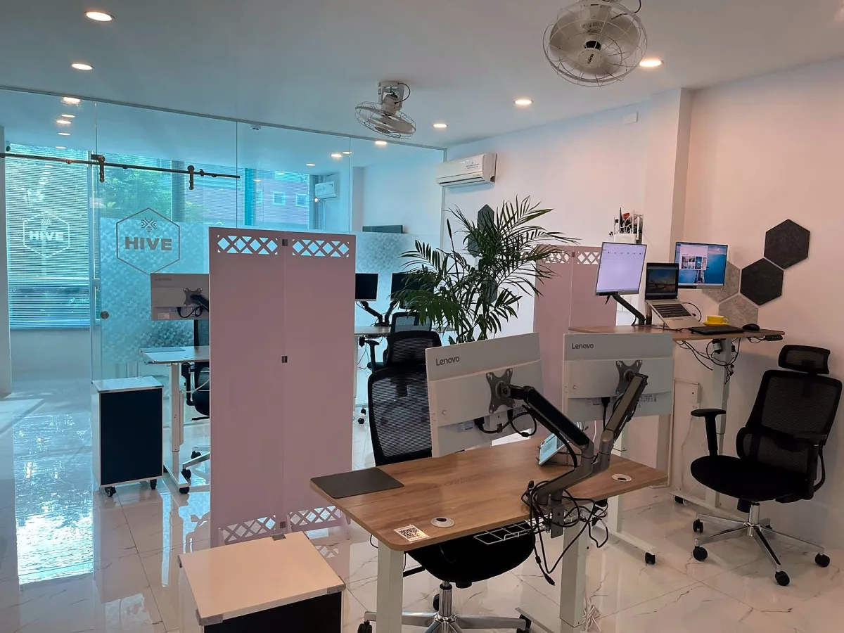 Quiet floor at HIVE with wooden standing desks, twin Lenovo monitors on arms, black mesh chairs and pink screens between desks