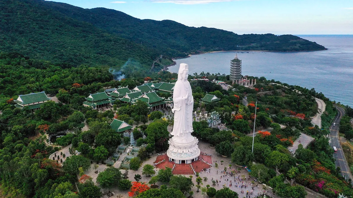 The white Goddess of Mercy statue at Linh Ung pagoda on the Son Tra peninsula, seen from above