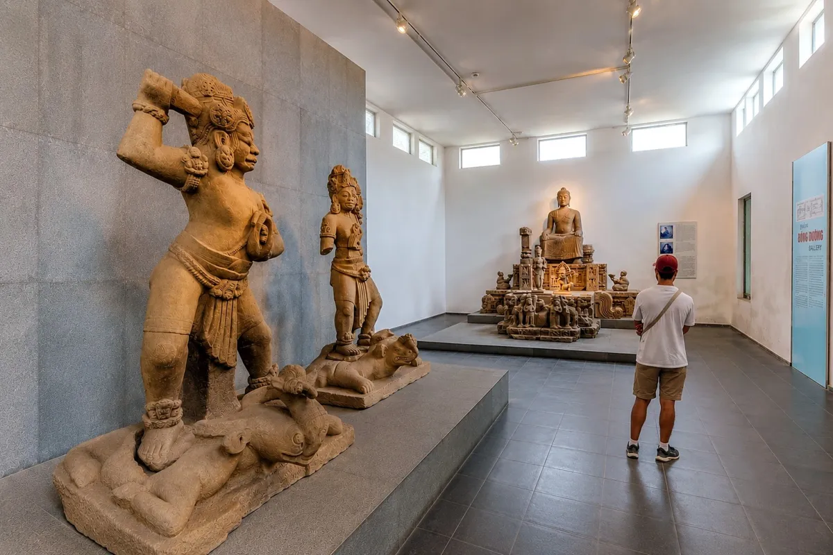 Two large sandstone guardian statues in the foreground and a stone altar with a seated Buddha at the far end of a museum gallery